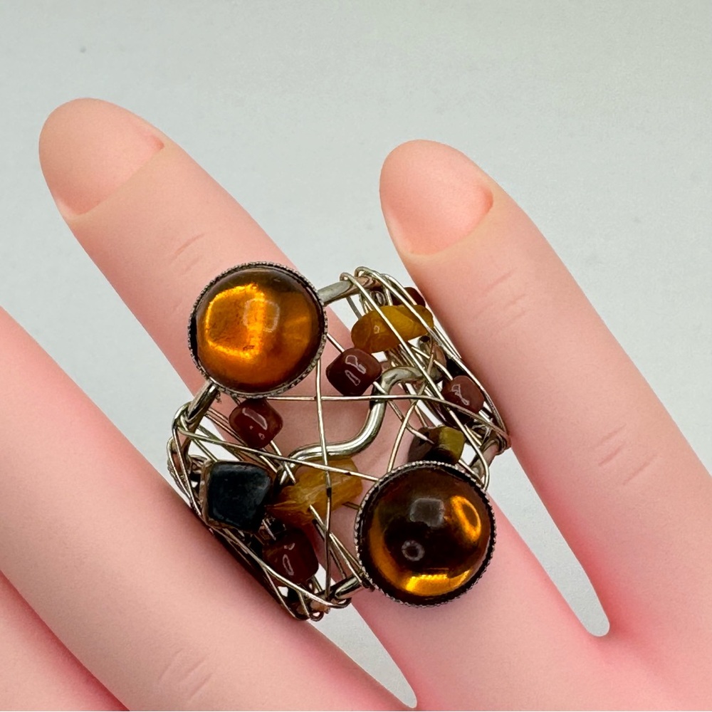 Artisan Wire Wrapped Gemstone Lucite Statement Ring Abstract Modern